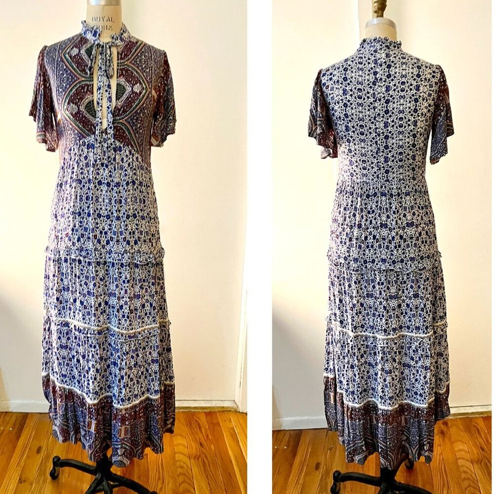 Jaase Flowy Flutter Sleeve, Mixed Print Midi ”Pea… - image 1